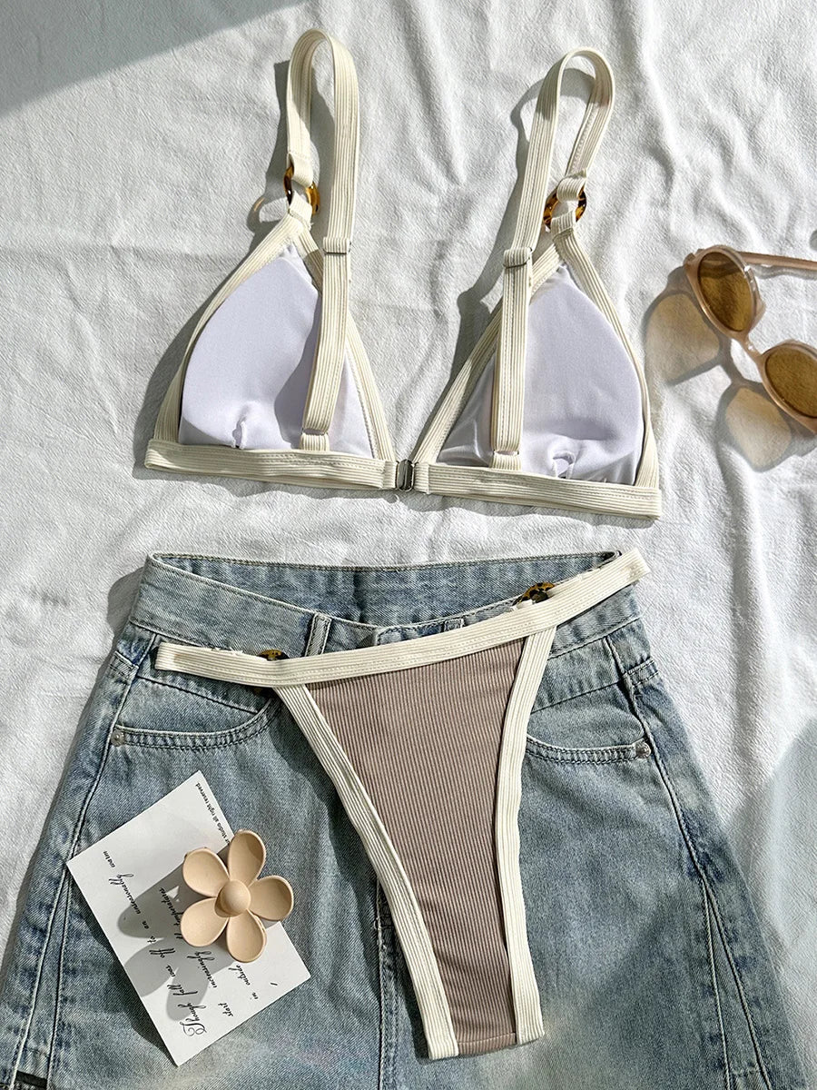 Splicing Ribbed High Cut Ring Mini Bikini