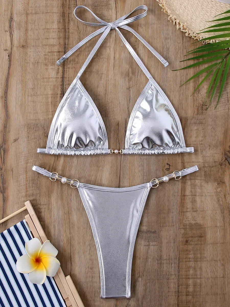 PU Leather Pearls Bikini