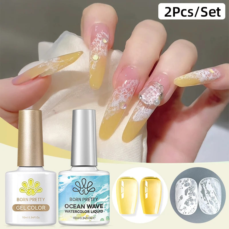 BORN PRETTY 1/2Pcs Ocean Wave Watercolor Liquid Gel Nail Polish Set