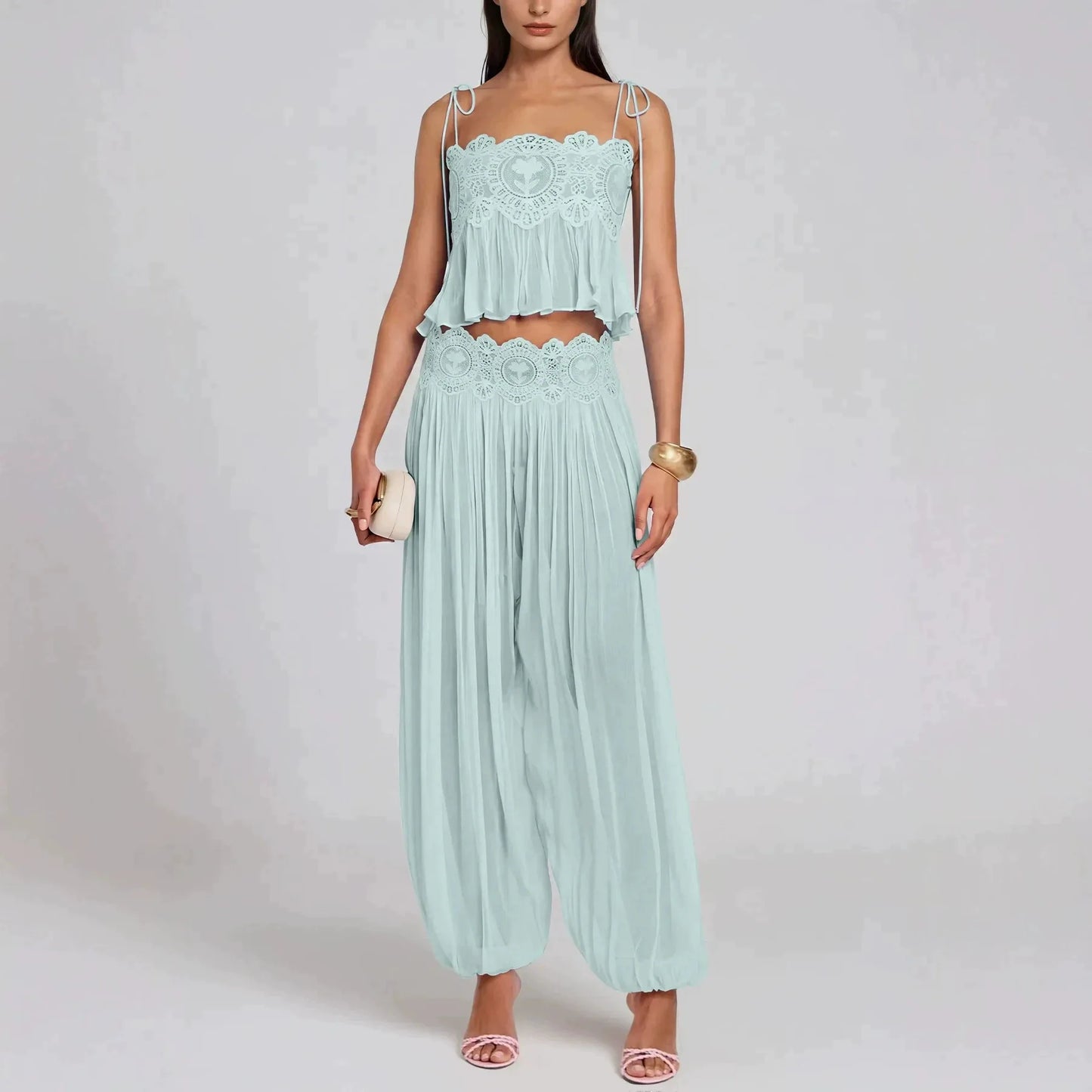 Light Blue Halter Neck Pleated Mini Dress Lady Sleeveless High Waist Hollow Lace Short Vestidos Summer Women's Vacation Outfit