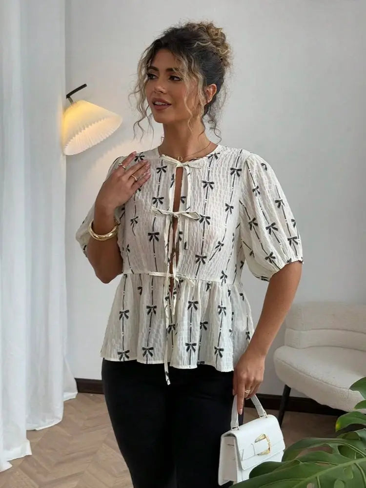 Butterfly Knot Pattern Bubble Sleeve Tie Shirt