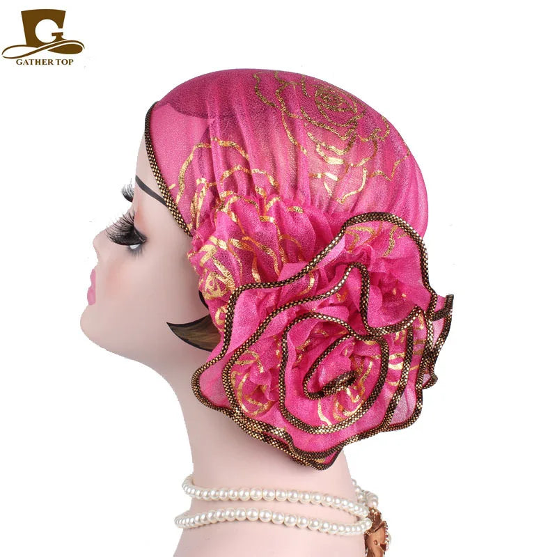 2025 Spring New Large Flower Turbans For Women Beauty Yarn Plate Jacquard Headwrap Lace Hat MuslimTurban Caps Islamic Headwear
