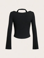 Halter Neck Chain Button Long Sleeve Faux Two-Piece Top