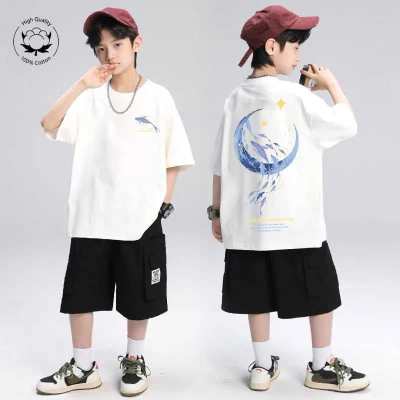 韓国子供服 2025年夏 Tシャツ クジラ漫画柄トップス ファッション 男の子 半袖 綿Tシャツ 女の子服