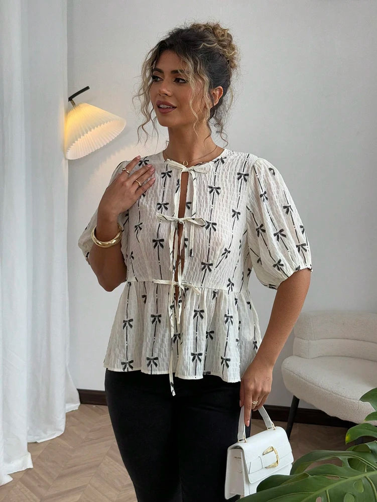 Butterfly Knot Pattern Bubble Sleeve Tie Shirt