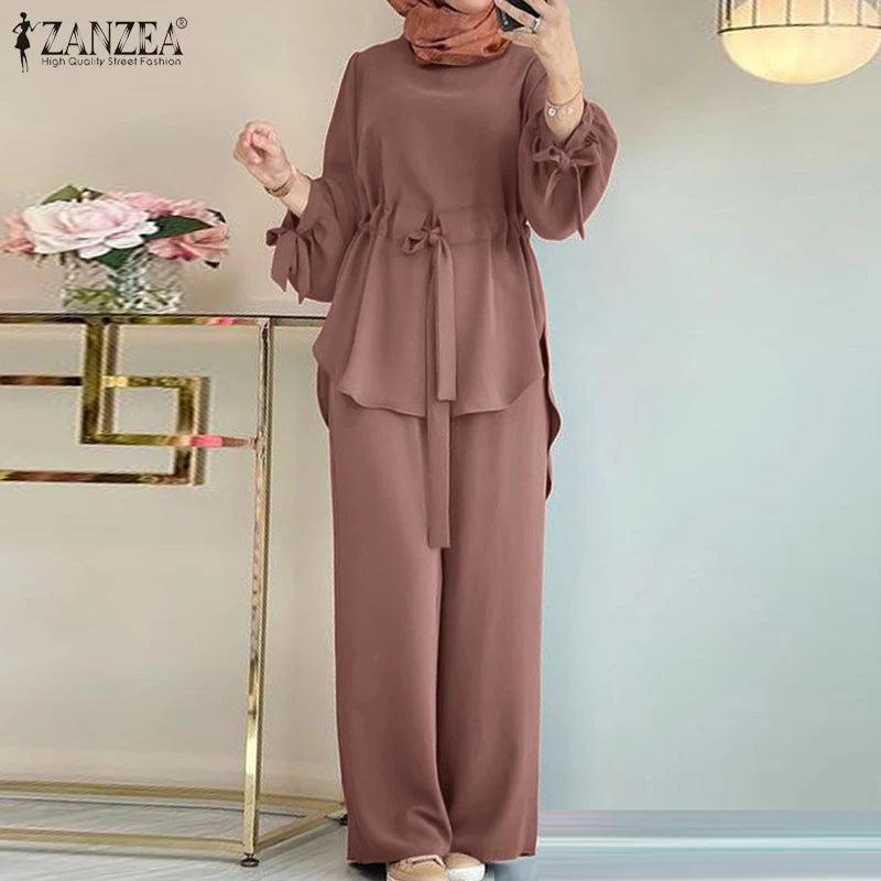 2024 ZANZEA Women Long Sleeve Blouse Pant Suits Fashion Abaya Hijab Tracksuits IsIamic Clothing 2PCS Vintage Autumn Muslim Sets