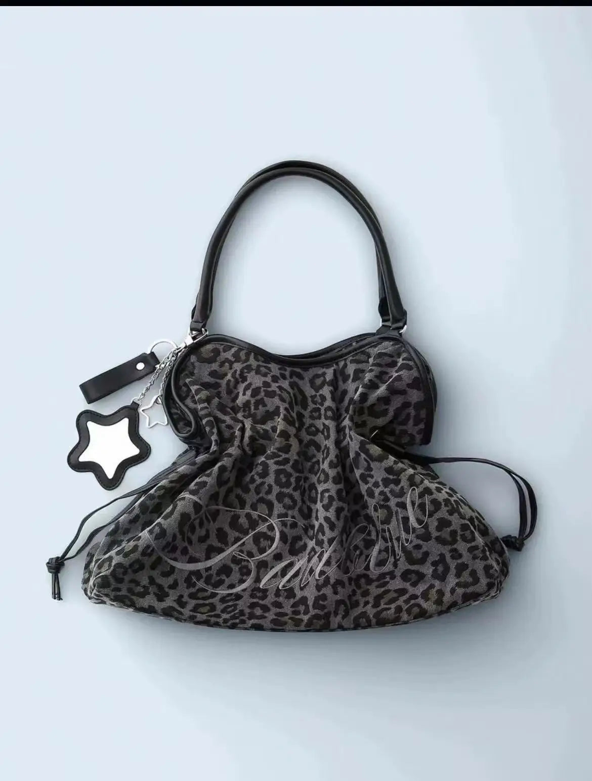 Embroidered Leopard Print Drawstring Tote Bag