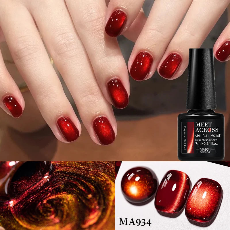 MEET ACROSS 7ml Dark Red Cat Magnetic Gel Nail Polish for Winter Nails DIY Jelly Glass Holographic Cat Eye Gel UV Gel Nail Art