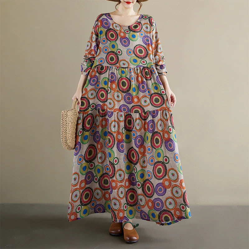 Round Neck Long Sleeve Gingham Pleated Dress