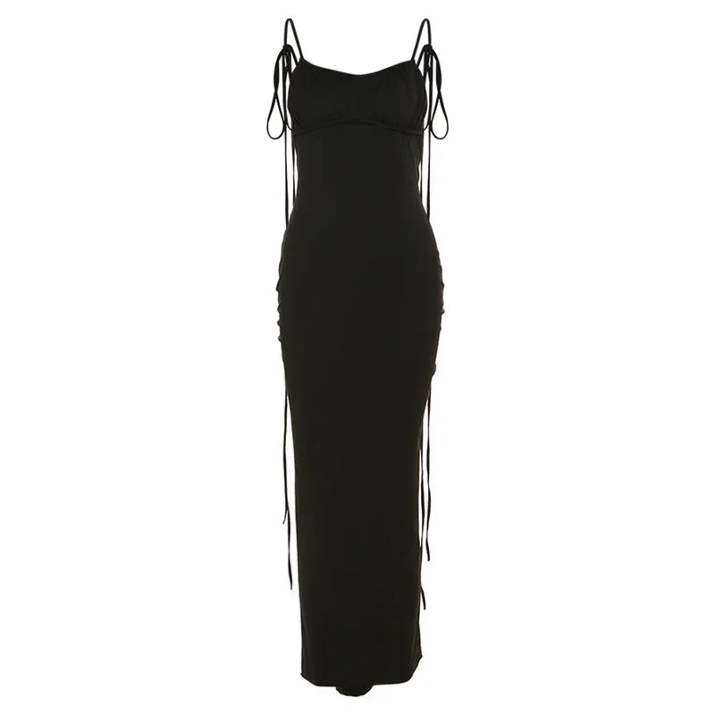 Deep V-Backless Ruched Maxi Dress