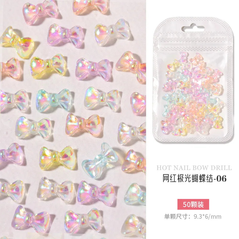 50PCS Aurora Acrylic 3D Nail Art Bow Charm For Nails Decoration Design Kawaii Manicure Accessories Bow-knot DIY Craft Supplies