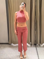Classic Gingham High-Neck Crop Top & Trouser Set