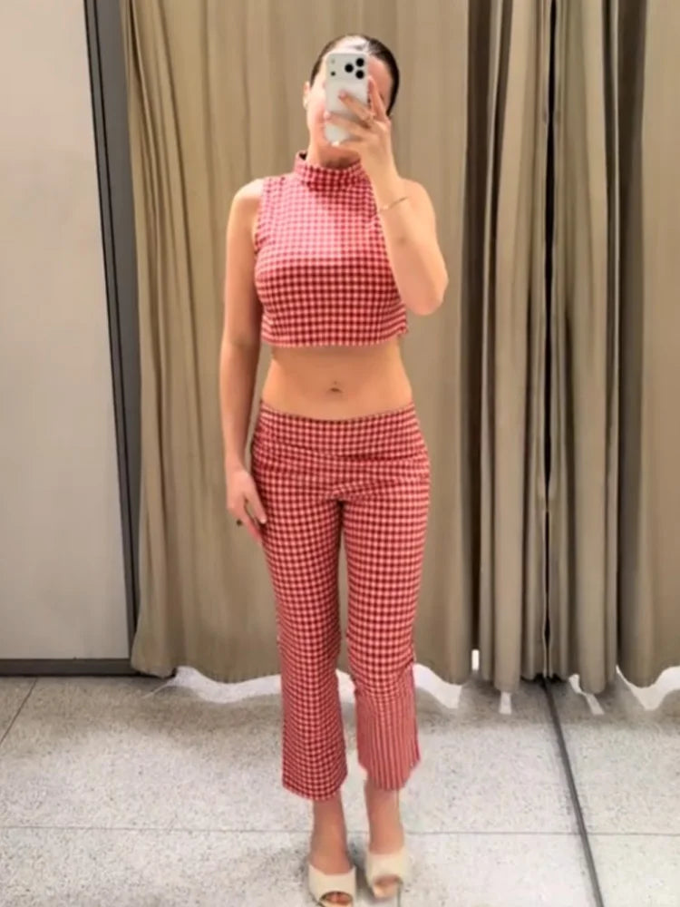 Classic Gingham High-Neck Crop Top & Trouser Set