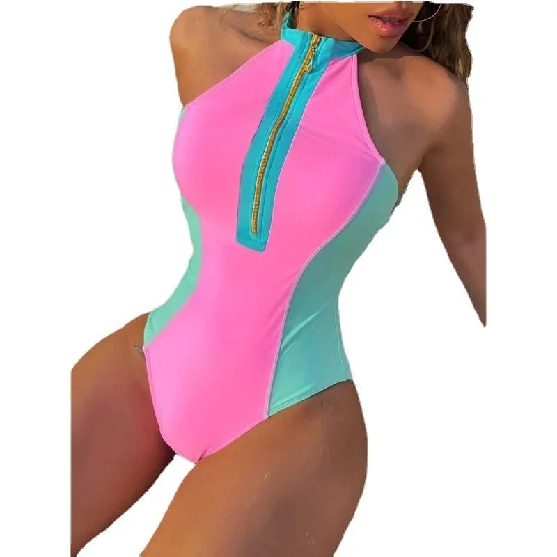 New Color Contrast Bikini Women's Conservative Zipper Swimsuit One-piece Swimwear Trend 2023 Kawaii Swimsuit