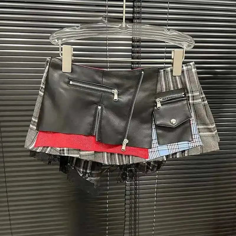 DEAT Patchwork Plaid Irregular Pleated Mini Skirt