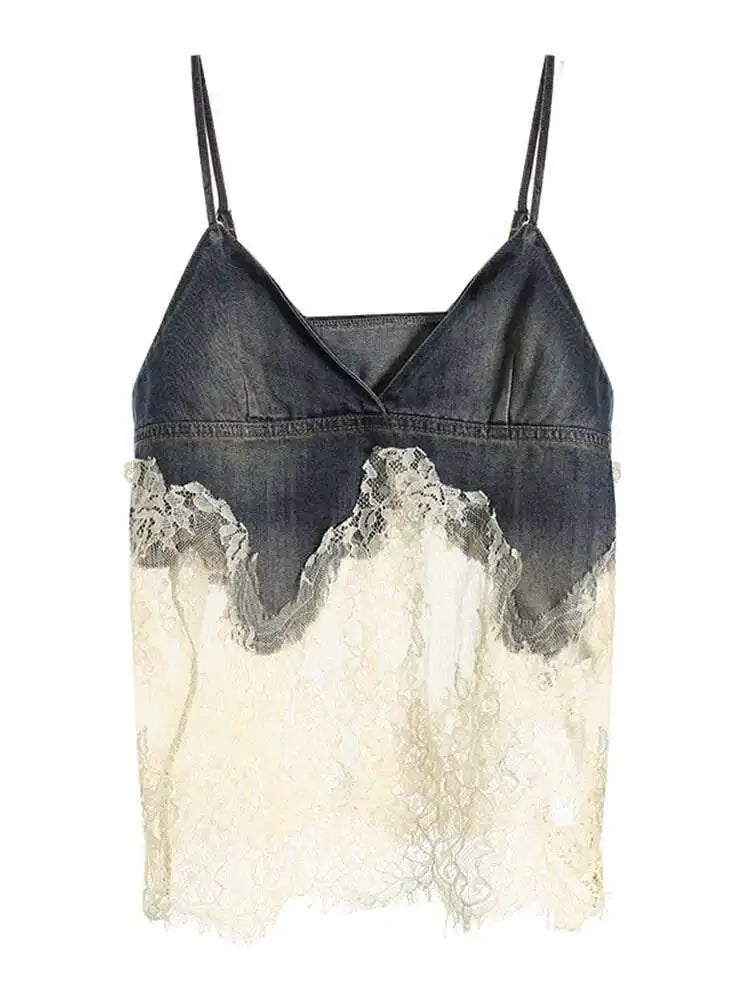 DEAT 2 Pcs Set Denim Lace Backless Tank Tops High Waist Lace-up Pockets Knee Length Shorts