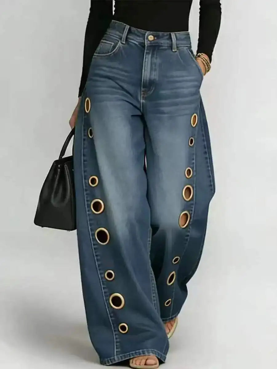 High Waist Straight Leg Metal Ring Hollow Denim Pants