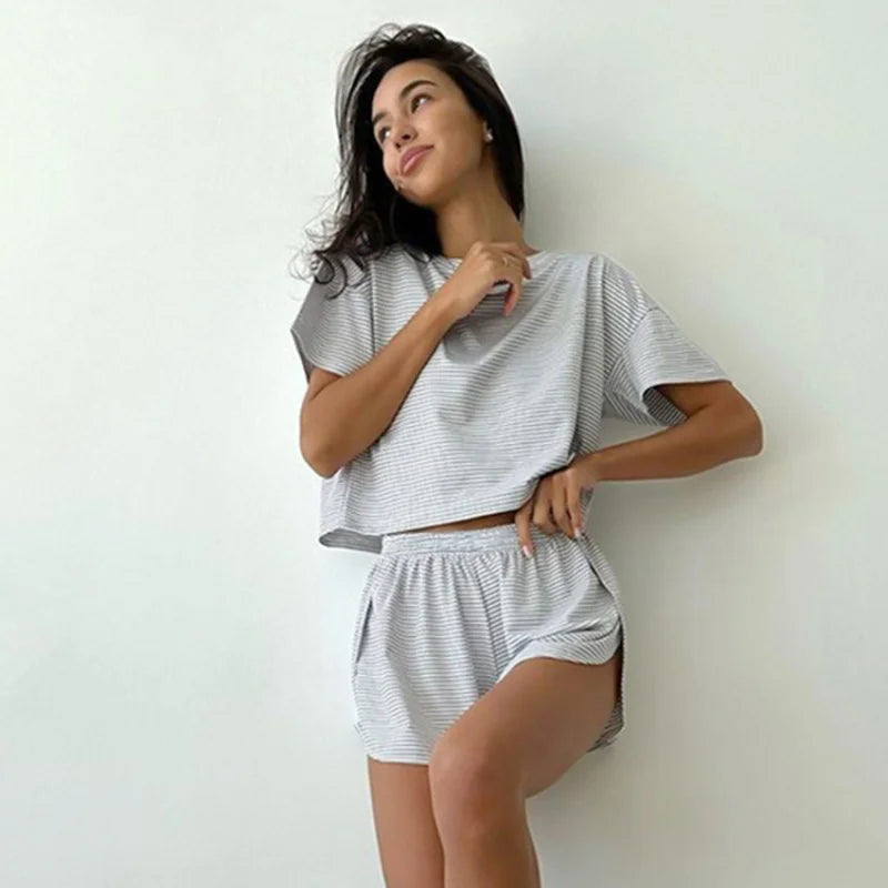 Knitting Stripes Pajamas Short Sleeve Shorts Set