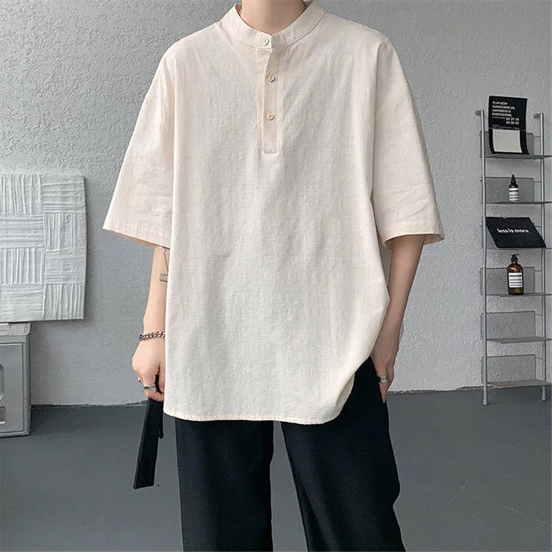 Summer Henry Collar Cotton Linen Tee
