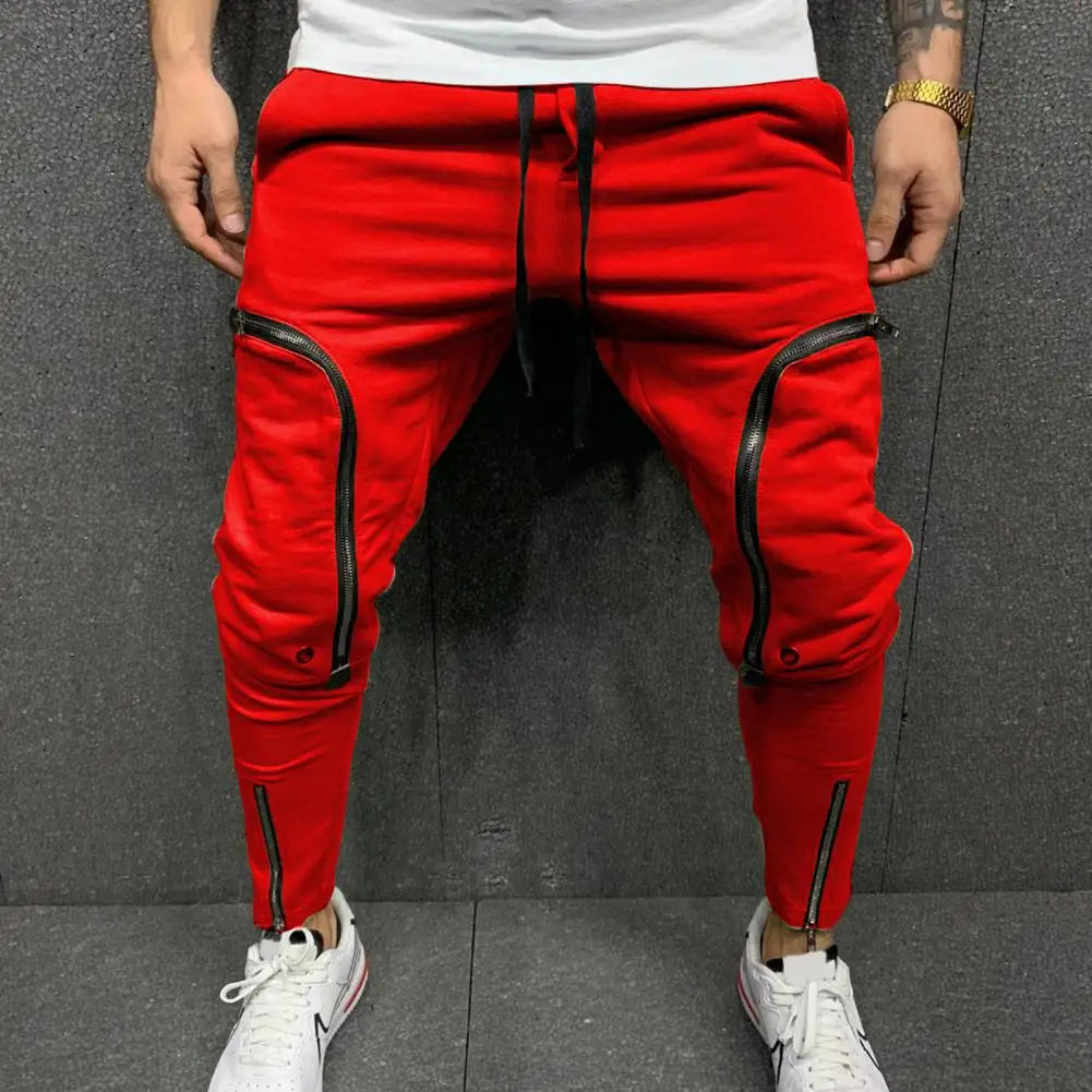 Solid Color Drawstring Casual Multi Zippers Pockets Trousers