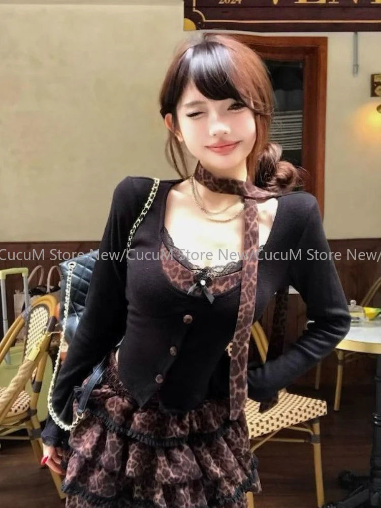 Long Sleeve Leopard Lace Tops + Mini Skirt Set