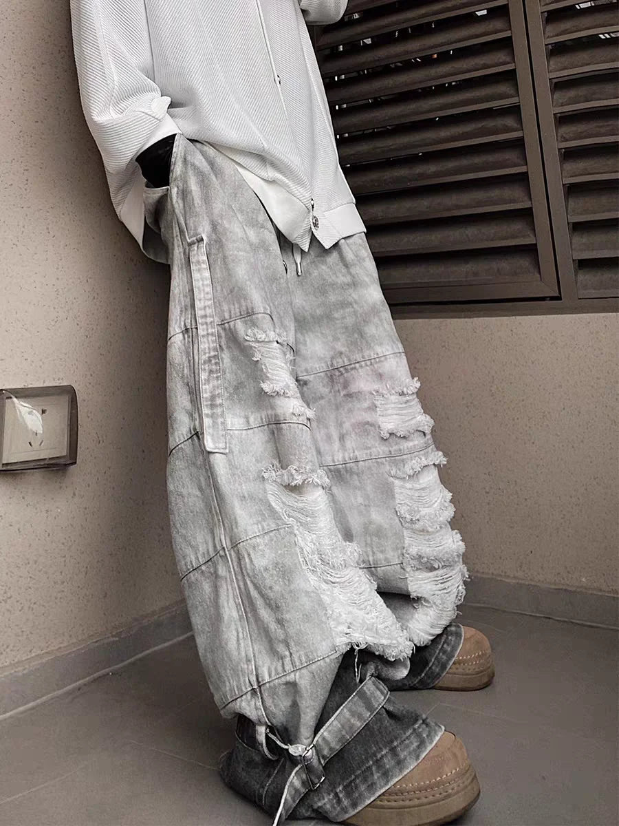 Wide-Leg Distressed Jeans with Patchwork Detail