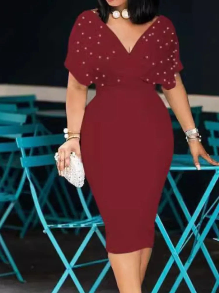 Pink Pearl Embellished Midi Bodycon Dress