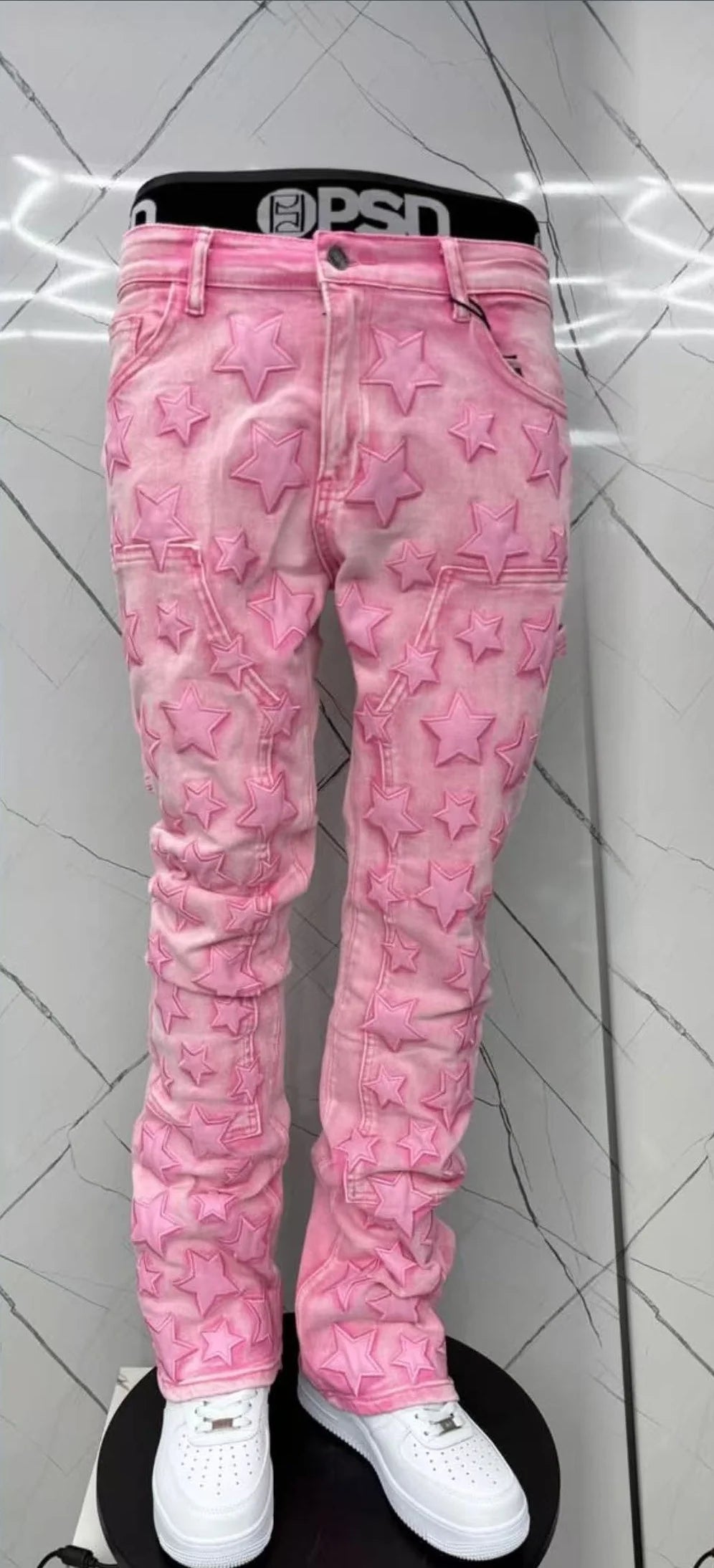 Pink Star Embroidery Spliced Denim Jeans