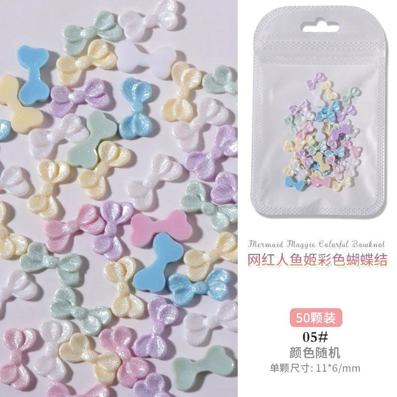 50PCS Aurora Acrylic 3D Nail Art Bow Charm For Nails Decoration Design Kawaii Manicure Accessories Bow-knot DIY Craft Supplies