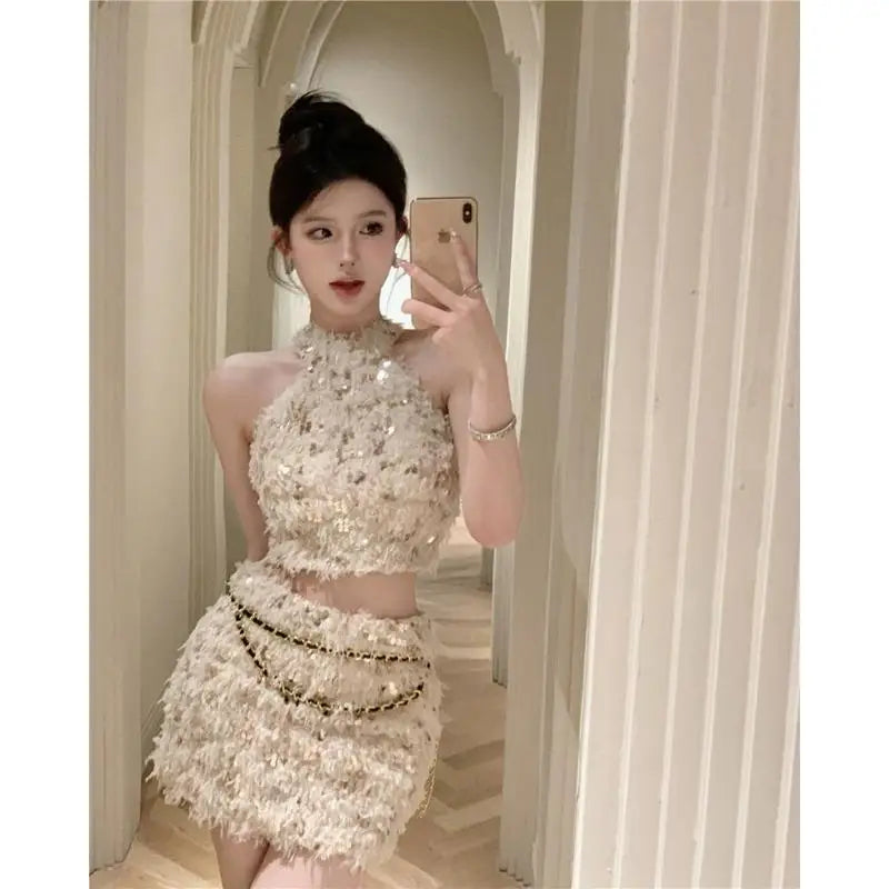 Halter Neck Sequin Top Half Body Hip Short Skirt Set