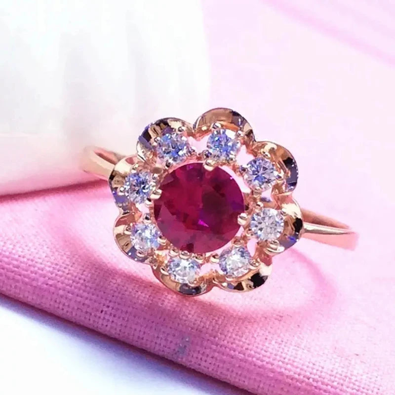 585 Purple Gold Plated 14K Rose Gold Inlaid Crystal Luxury Flower Rings
