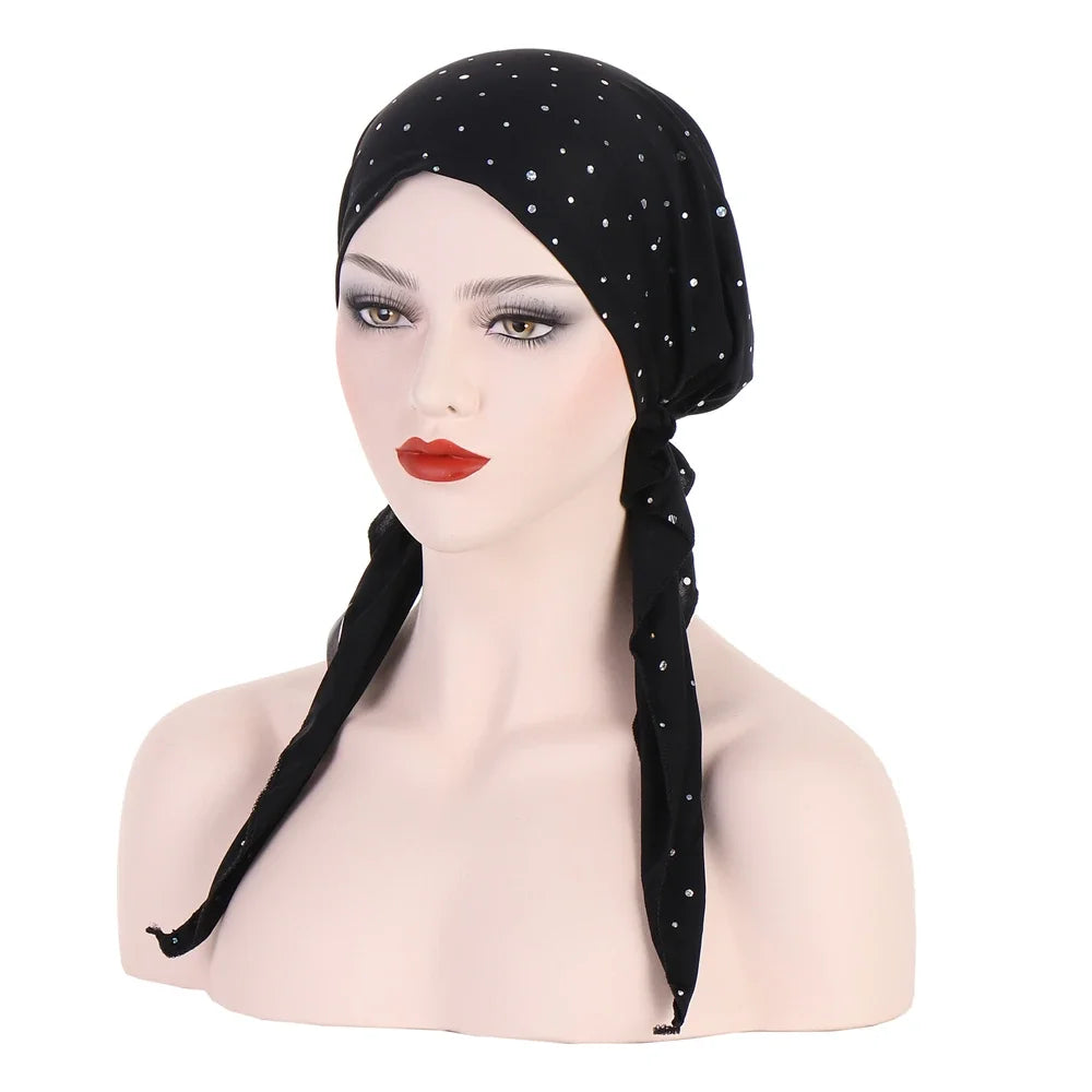 Shiny Glitter Elastic Solid Color Pre-Tied Hijabs Wrap Head Scarf Muslim Turban Bonnet for Women Inner Hat Turbantes Caps Mujer