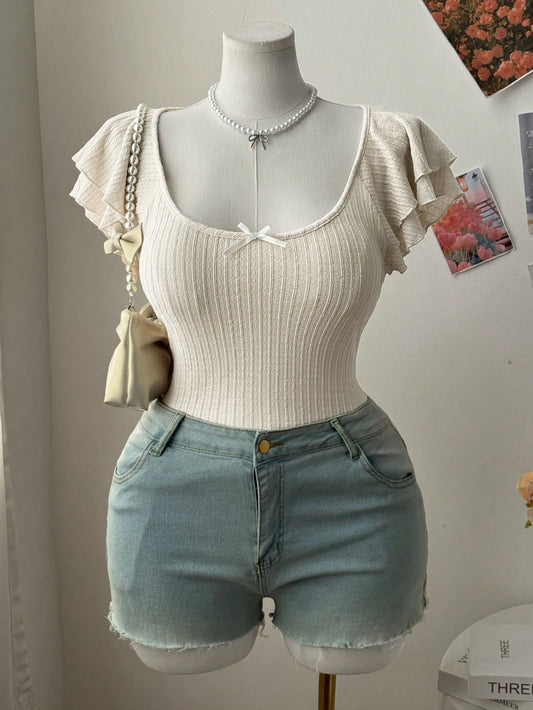 Low Neck Lace Sleeve Bow Tie Tee