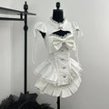 High-Neck Keyhole Cutout Corset Top and Tiered Ruffle Mini Skirt with Oversized Bow