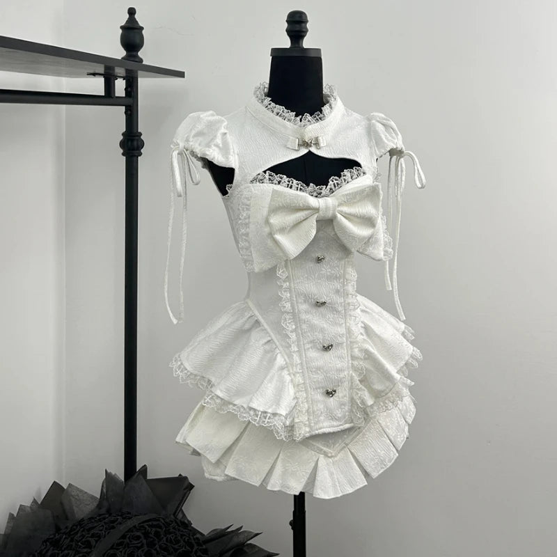 High-Neck Keyhole Cutout Corset Top and Tiered Ruffle Mini Skirt with Oversized Bow