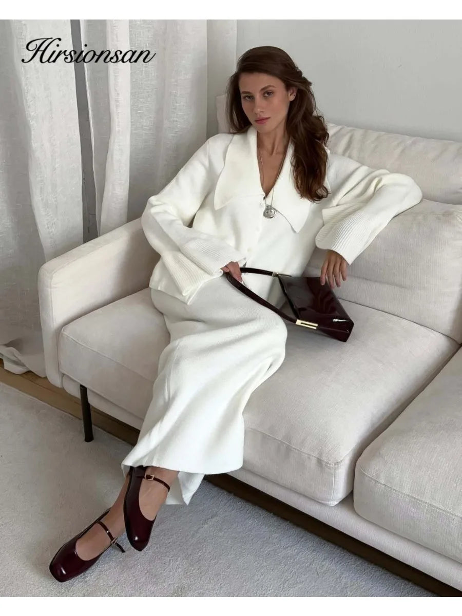 Hirsionsan Polo Neck Cardigan Sweater & Midi Dress Knitted Tracksuit Set