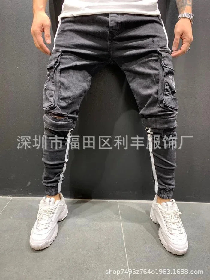 メンズ ジーンズ デニム アンクル丈 ペンシルパンツ ミッドウエスト ダメージ シースポケット スリム ハイストリート パッチワーク 微ストレッチ ウォッシュ加工