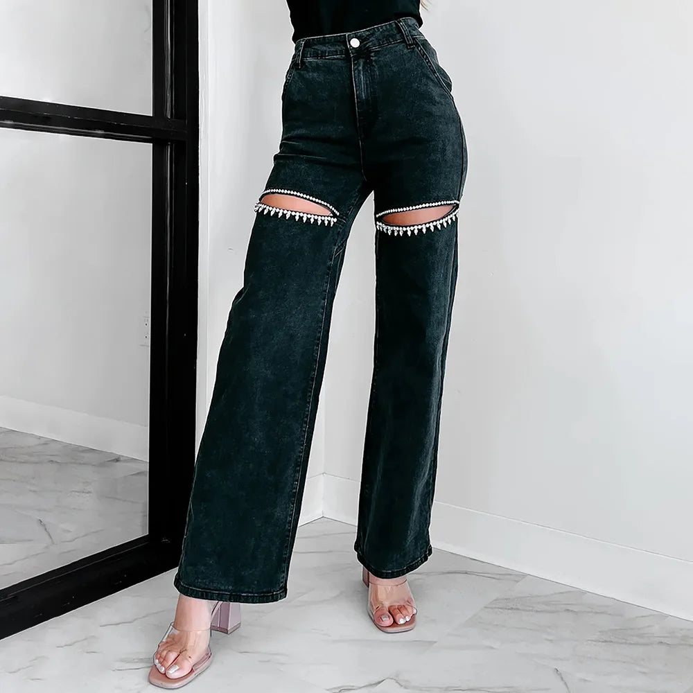 High-Waisted Wide-Leg Jeans with Rhinestone Fringe Thigh Cutouts