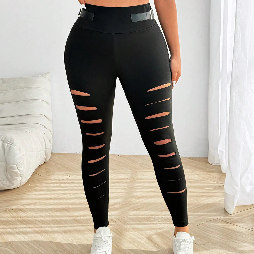 Hollow Out Torn Knitted Zipper Buckle Decorated High Waist Tight Sports Pants