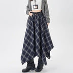 Plaid High Waisted Elastic A-Line Mid Length Irregular Skirt
