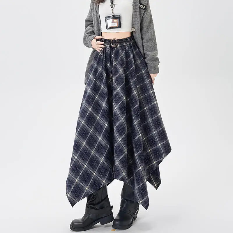 Plaid High Waisted Elastic A-Line Mid Length Irregular Skirt