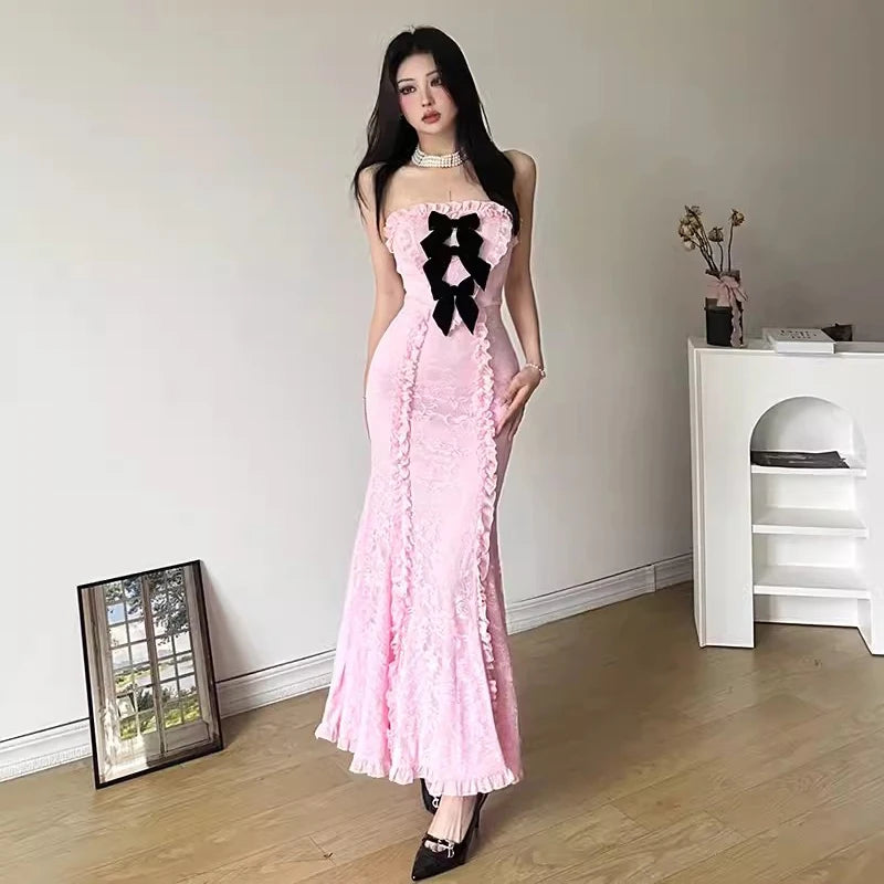 Bow Pins Floral Lace Maxi Dress