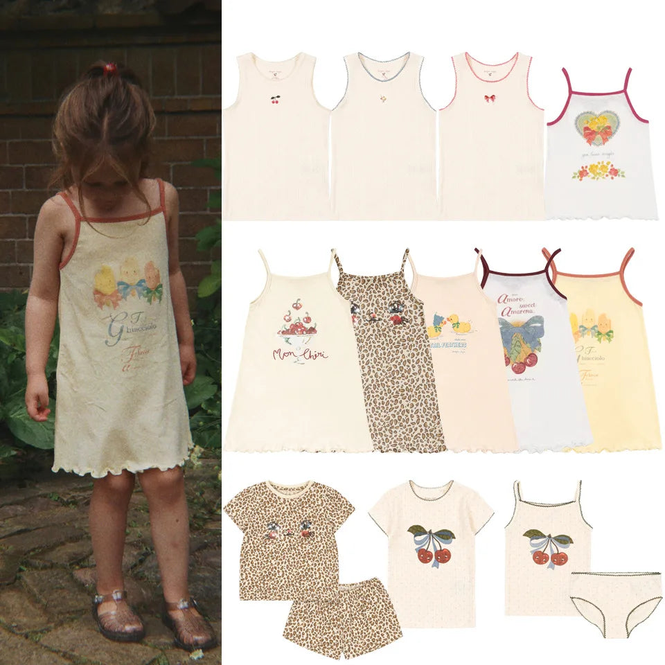 Cotton Slip Dresses Cherry T Shirts + Shorts Sets