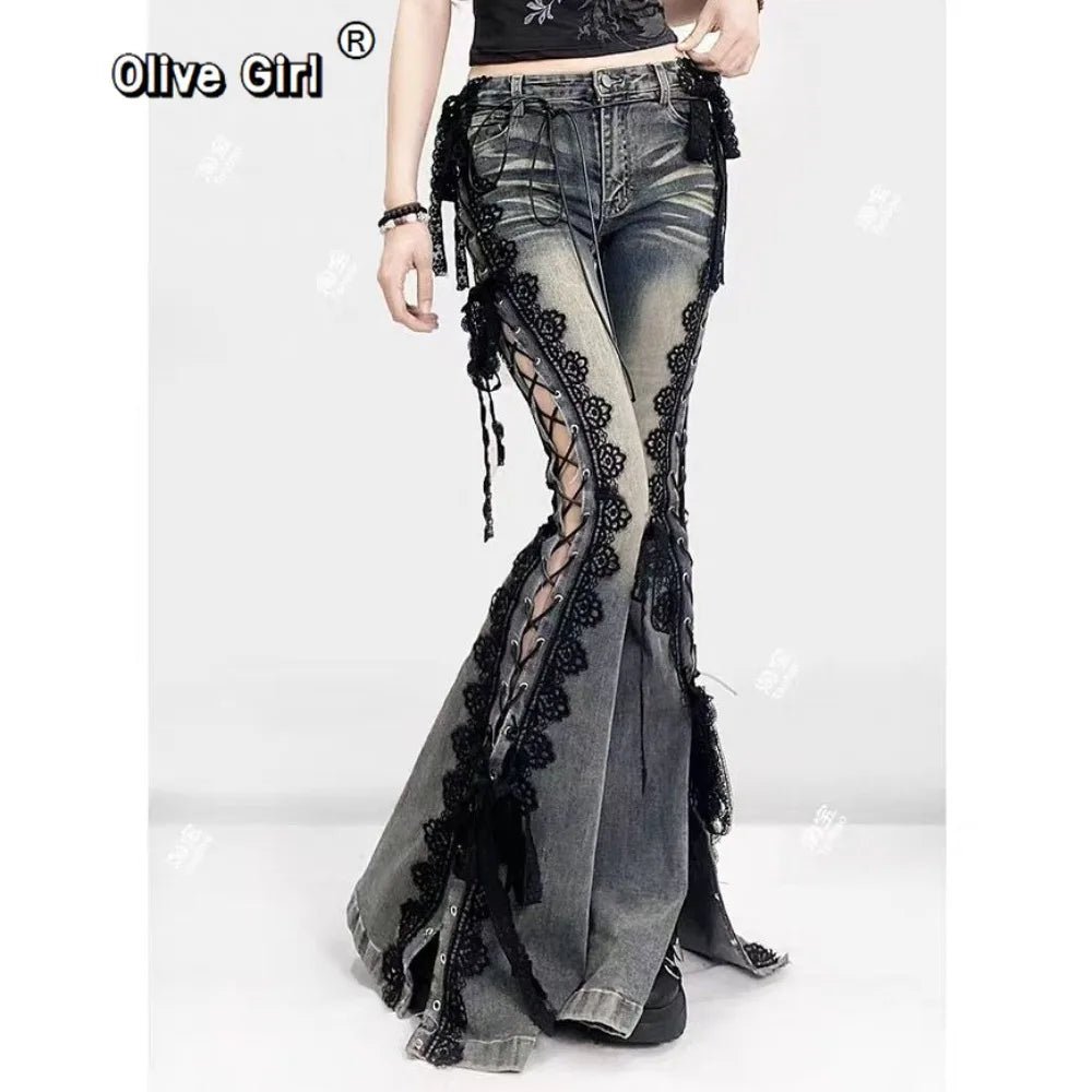 Low-Rise Lace-Up Flare Jeans with Vintage Wash and Black Lace Trim