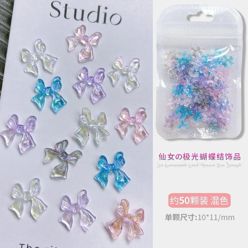 50PCS Aurora Acrylic 3D Nail Art Bow Charm For Nails Decoration Design Kawaii Manicure Accessories Bow-knot DIY Craft Supplies