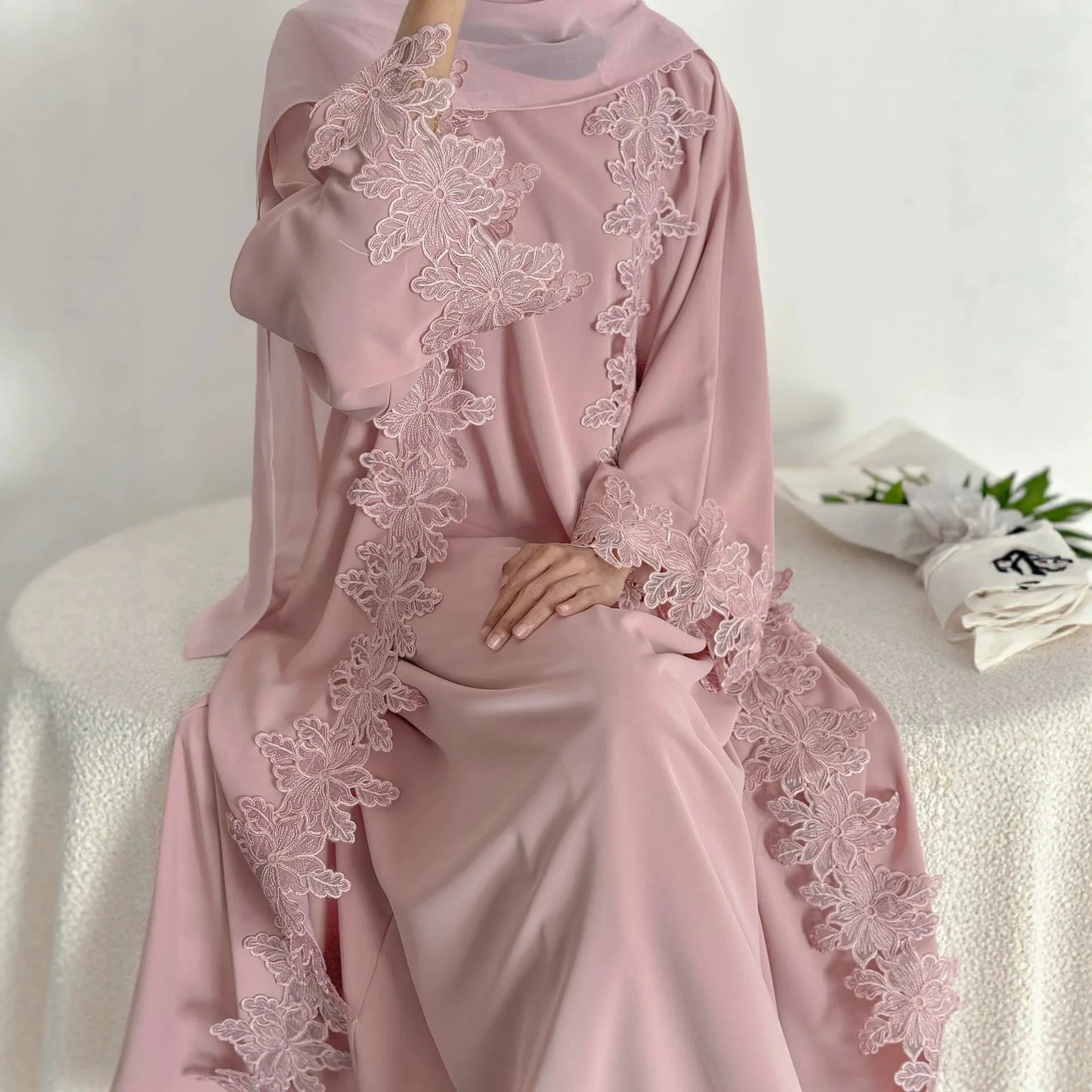 Eid Dress Abaya Suit Lace Cardigan Robe Women Muslim Dresses 2 Piece Set Ramadan Dubai Party Abayas Kaftan Vestidos Jalabiya