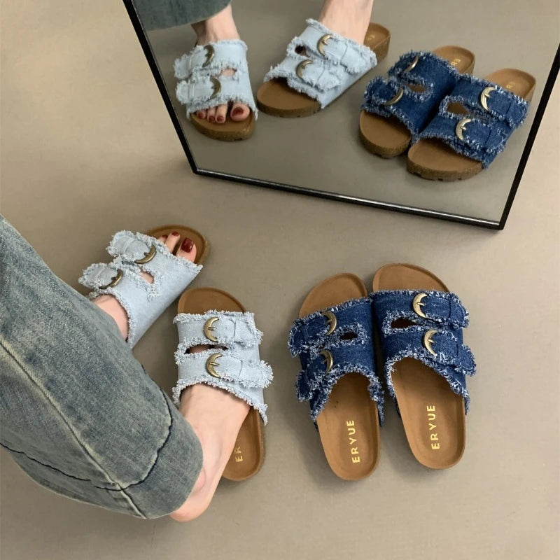 Distressed Denim Double Strap Slide Sandals