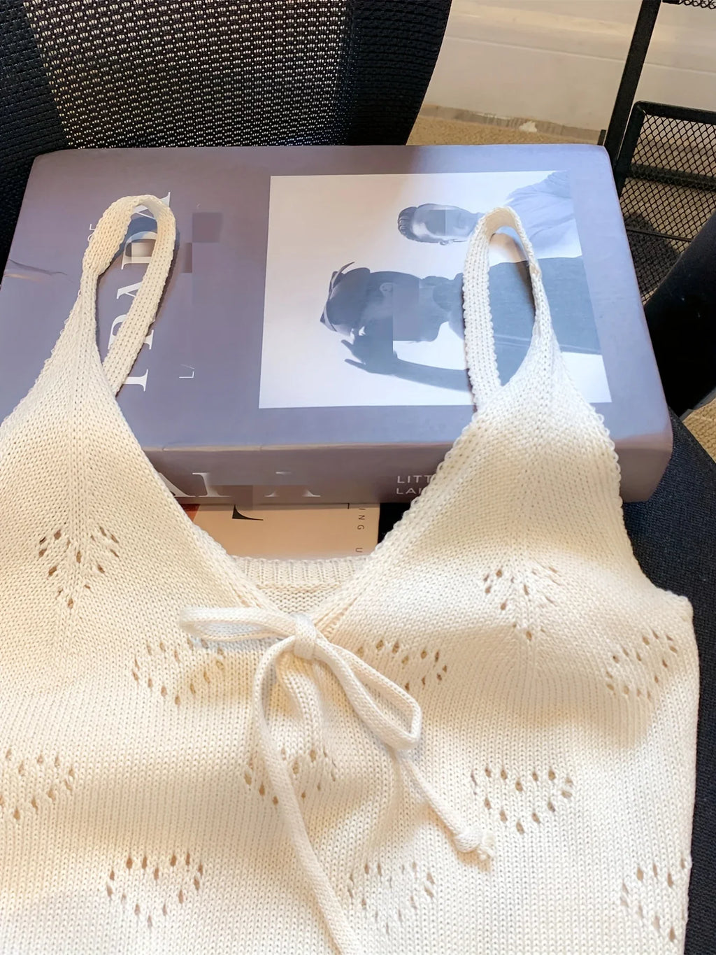 Solid V-Neck Eyelet Spaghetti Top