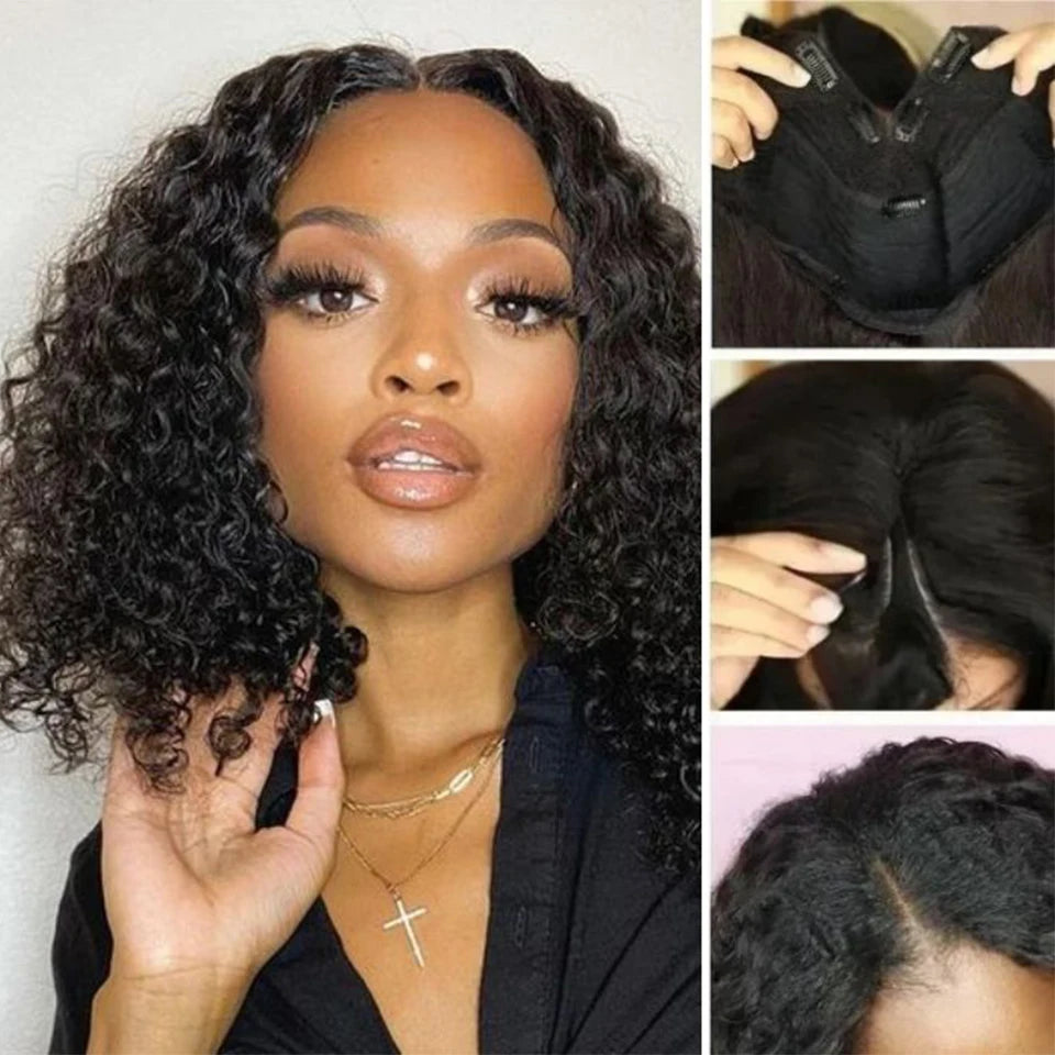 V Part Bob Wig Kinky Curly Human Hair Wig