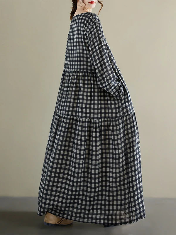 Round Neck Long Sleeve Gingham Pleated Dress